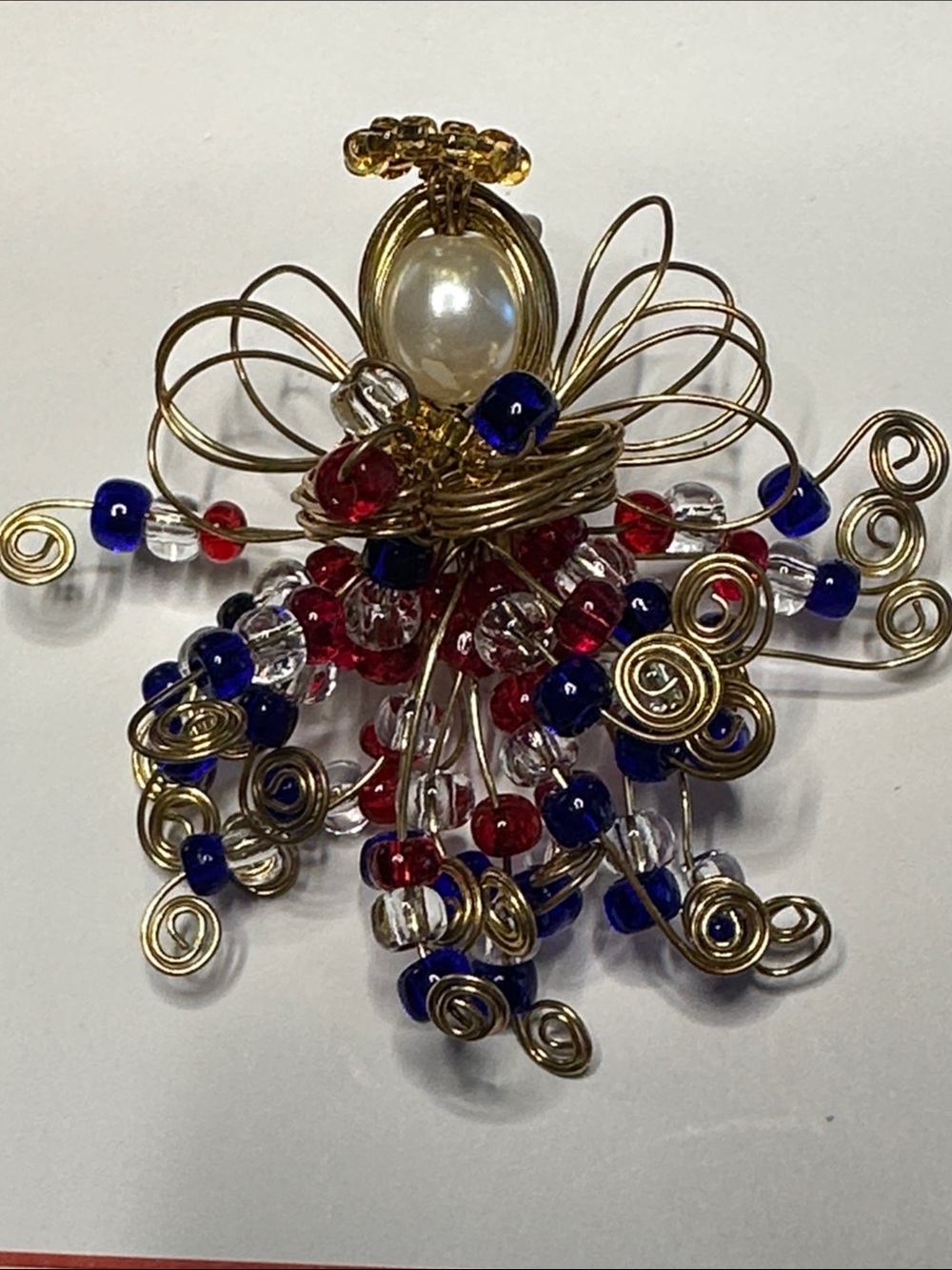 Gold-Tone Red, White & Blue Beaded Wire Angel Brooch